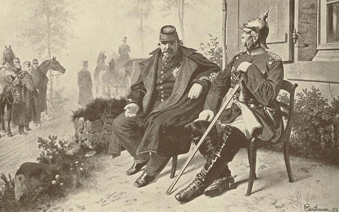 Entrevue à Donchery le 2 septembre 1870 entre Napoléon III et Otto von Bismarck après la bataille de Sedan - peinture de 1878 d'après Wilhelm Camphausen.